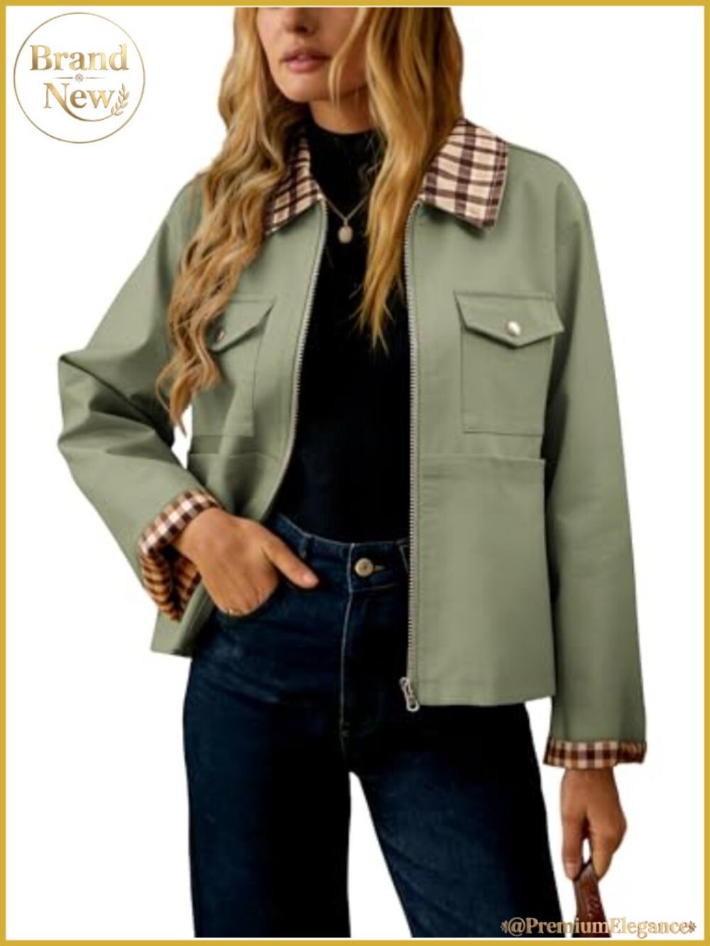 Womens Plaid Barn Jacket Zip Up Lightweight Polyester Casual Outerwear Pockets